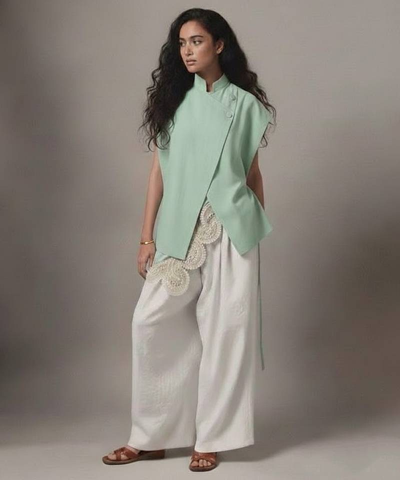 Green embroidered raw silk co ord set