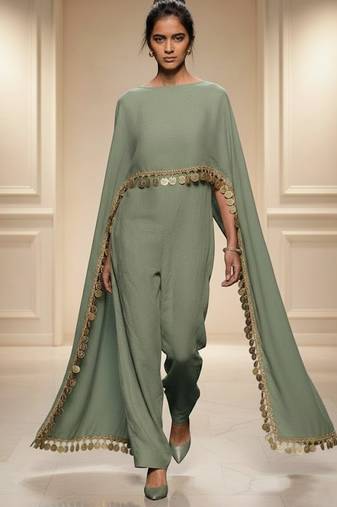 Green embroidered silk co ord set