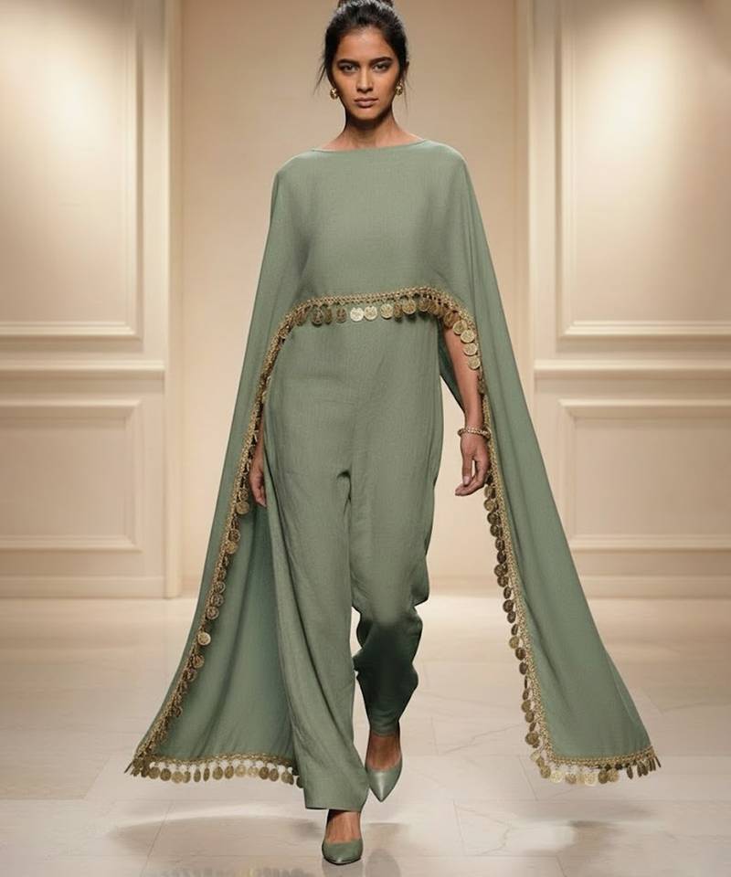 Green embroidered silk co ord set