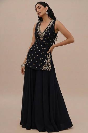 Black embroidered silk kurta set