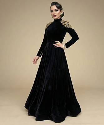 Black embroidered velvet gown 1