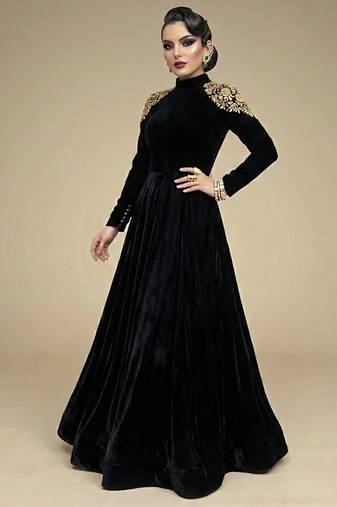 Black embroidered velvet gown