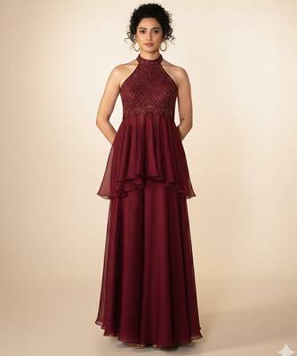 Maroon embroidered chiffon co ord set 1