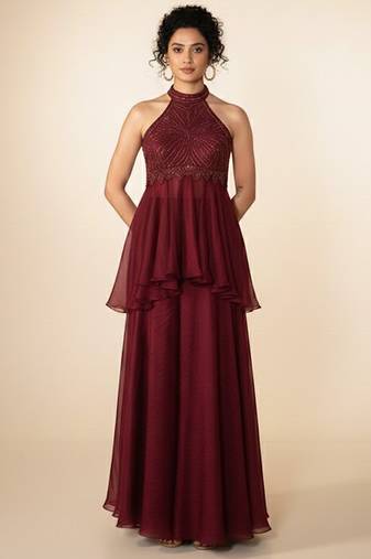 Maroon embroidered chiffon co ord set