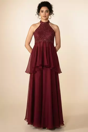 Maroon embroidered chiffon co ord set