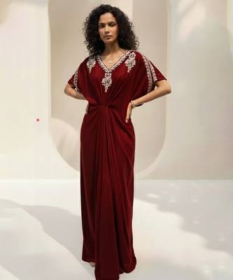 Maroon embroidered velvet kaftan 1