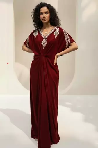 Maroon embroidered velvet kaftan