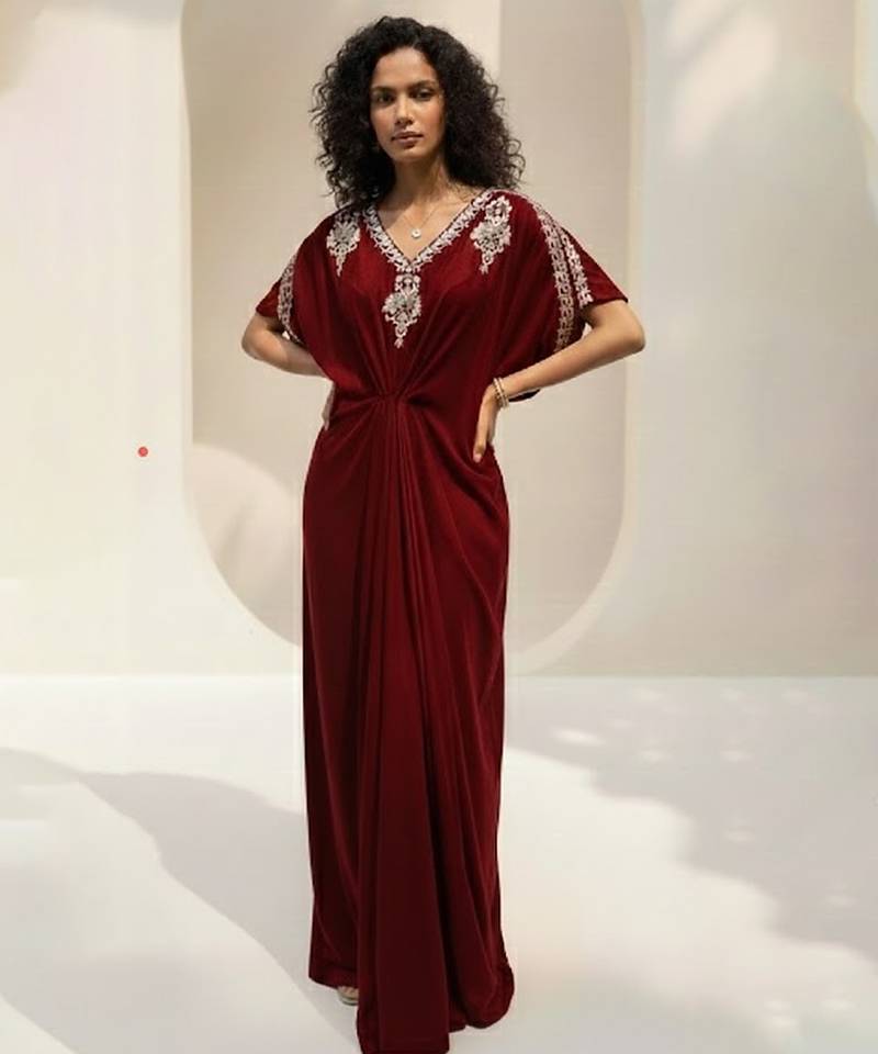 Maroon embroidered velvet kaftan