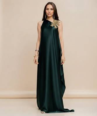 Green embroidered satin gown 1