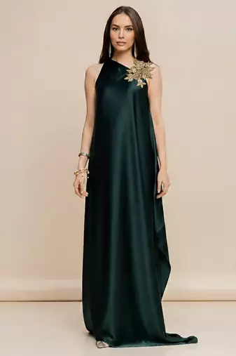 Green embroidered satin gown