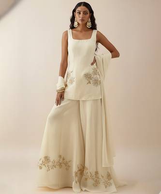 White embroidered crepe sharara set 1