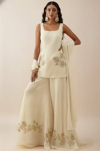 White embroidered crepe sharara set