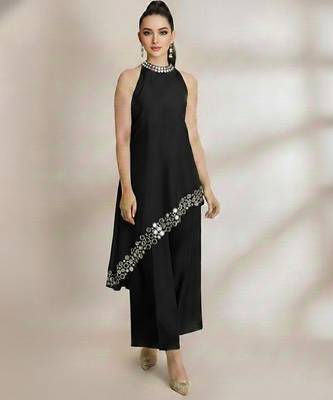 Black embroidered raw silk co ord set 1
