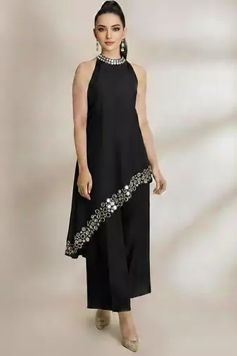 Black embroidered raw silk co ord set