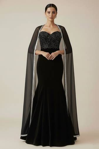 Black embroidered velvet co ord set