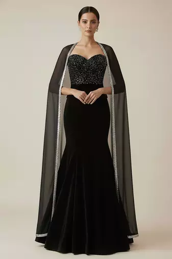 Black embroidered velvet co ord set