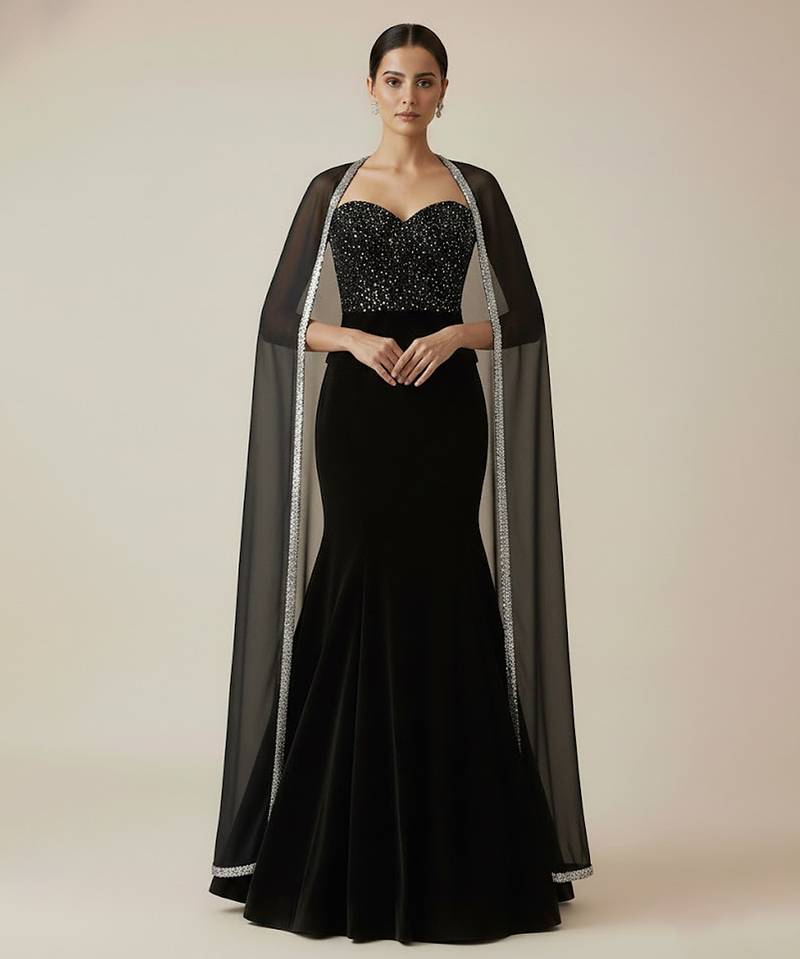 Black embroidered velvet co ord set