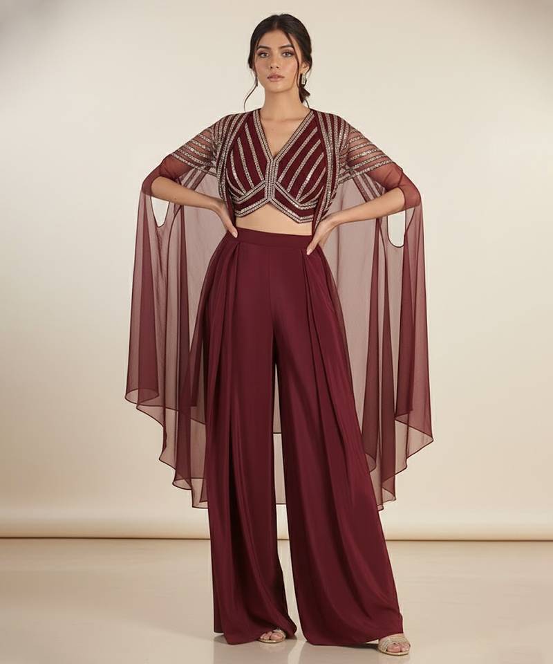 Brown embroidered crepe co ord set