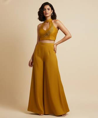 Yellow embroidered silk co ord set 1