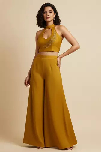 Yellow embroidered silk co ord set
