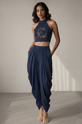 Blue embroidered crepe co ord set