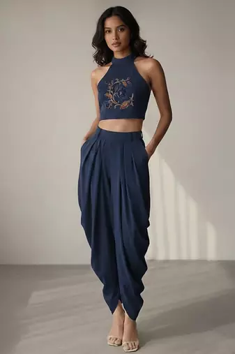Blue embroidered crepe co ord set