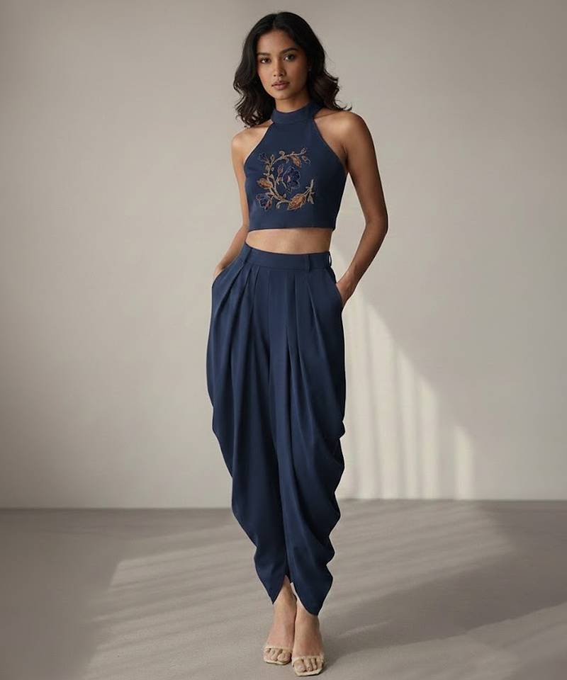 Blue embroidered crepe co ord set
