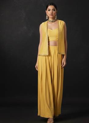 Yellow embroidered crepe co ord set 1