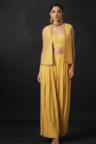 Yellow embroidered crepe co ord set