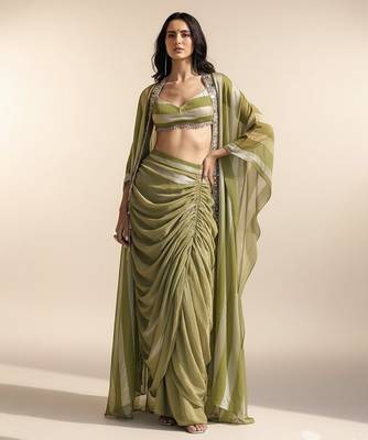 Green embroidered chiffon co ord set 1