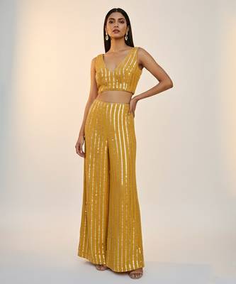 Yellow embroidered georgette co ord set 1