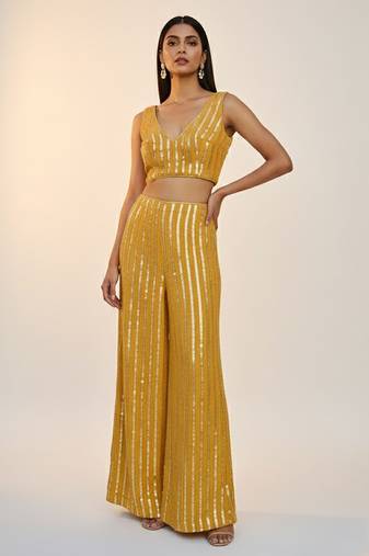 Yellow embroidered georgette co ord set