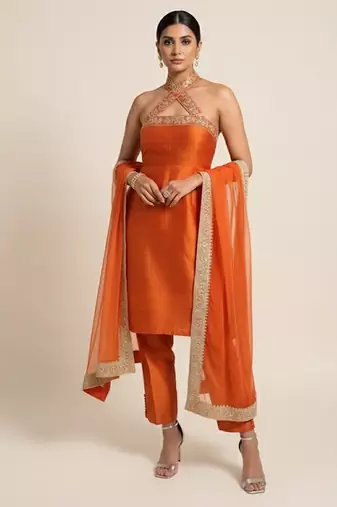 Orange embroidered silk kurta set
