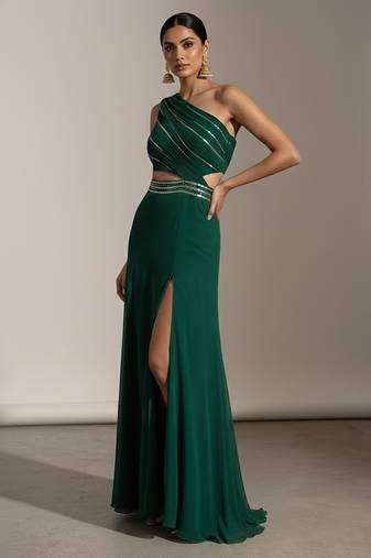 Green embroidered crepe dress