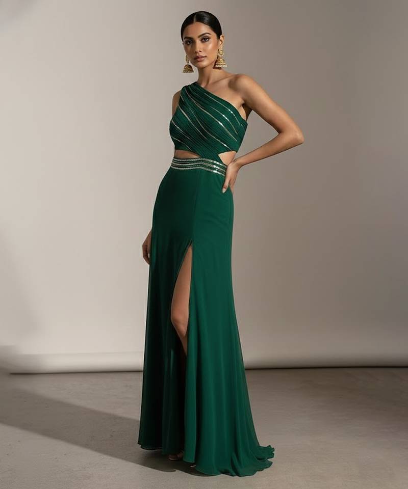 Green embroidered crepe dress