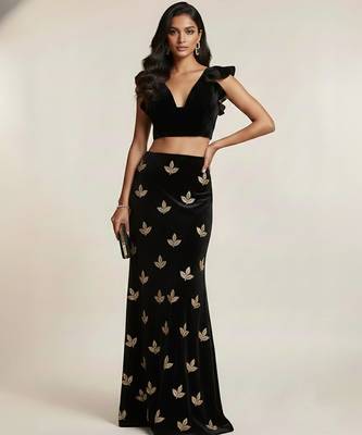 Black embroidered velvet co ord set 1