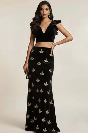 Black embroidered velvet co ord set