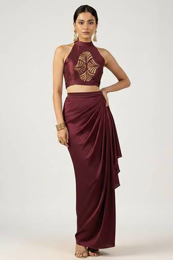 Maroon embroidered satin co ord set