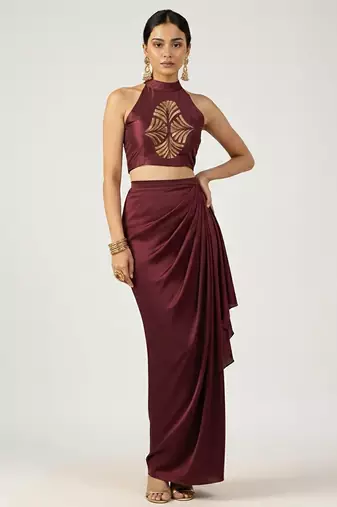 Maroon embroidered satin co ord set