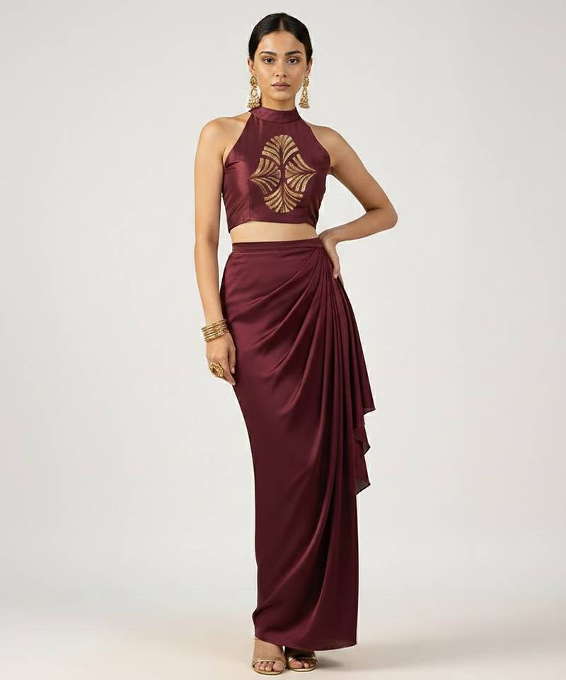 Maroon embroidered satin co ord set