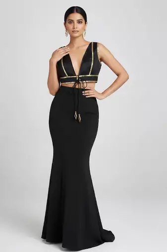 Black embroidered satin co ord set