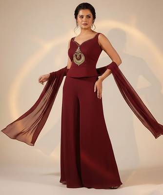 Maroon embroidered silk co ord set 1