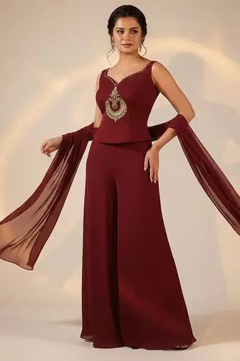 Maroon embroidered silk co ord set