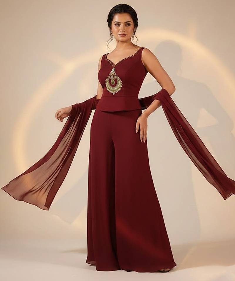 Maroon embroidered silk co ord set