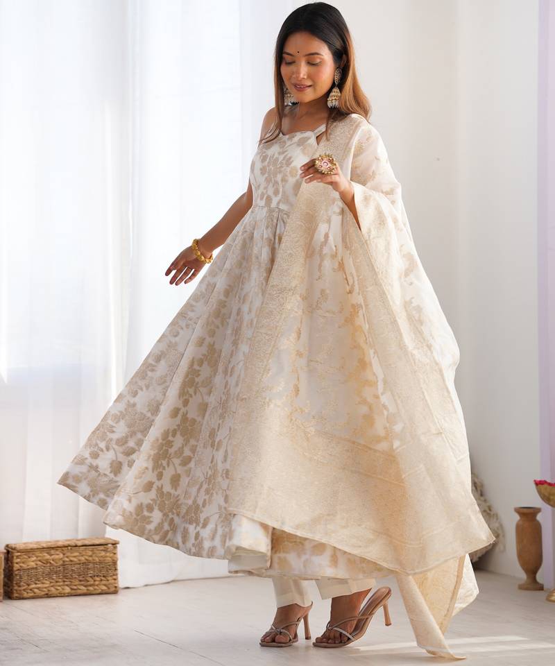 ivory & gold jacquard anarkali suit set with dupatta