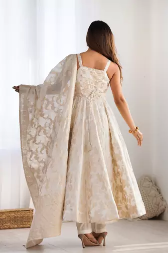 ivory & gold jacquard anarkali suit set with dupatta