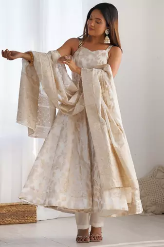 ivory & gold jacquard anarkali suit set with dupatta