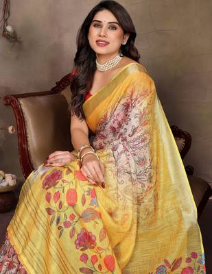 Yellow cotton lilen digital printed saree with blouse 5