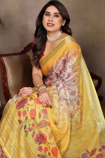 Yellow cotton lilen digital printed saree with blouse