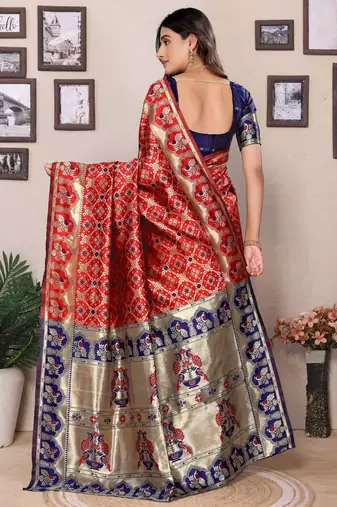 Red silk blend banarasi saree with blouse